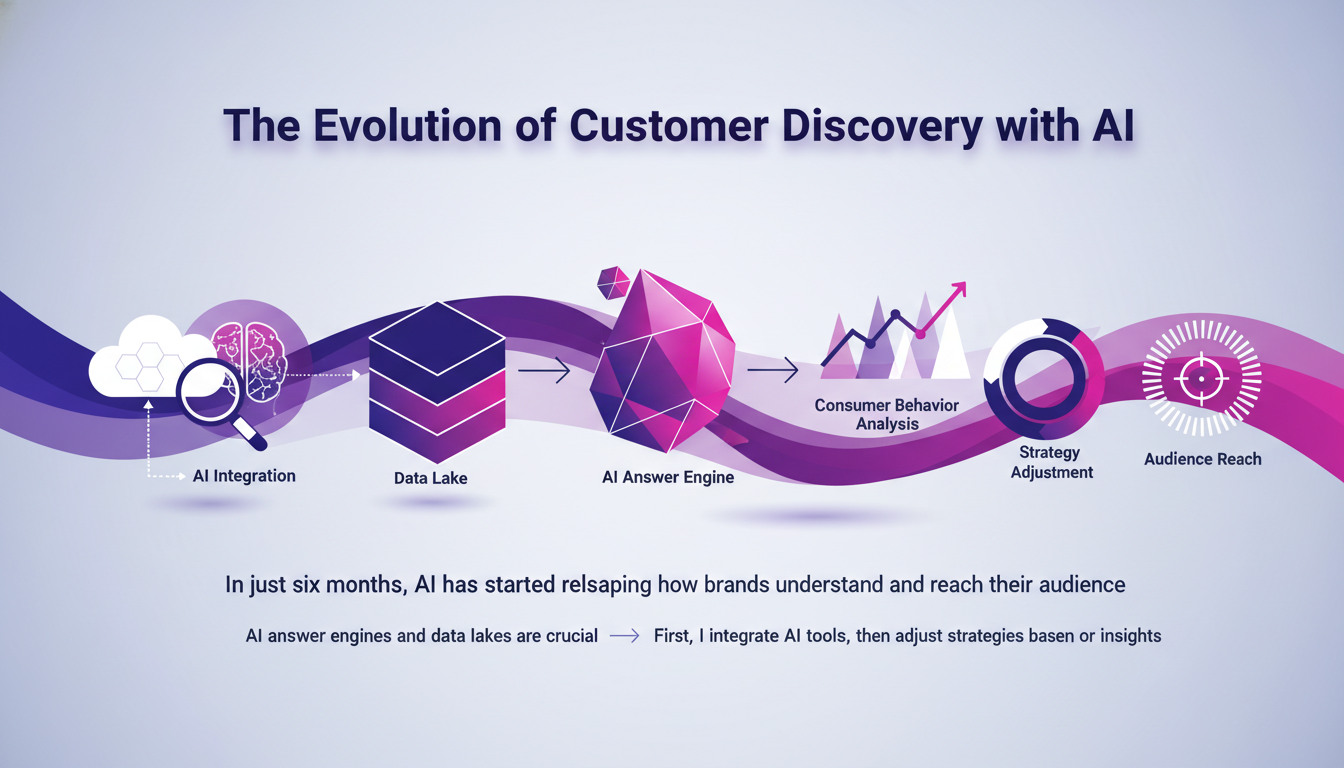 Illustration moderne de l'évolution de la découverte client avec l'IA, montrant des moteurs de réponse IA et des lacs de données en dégradés violets.