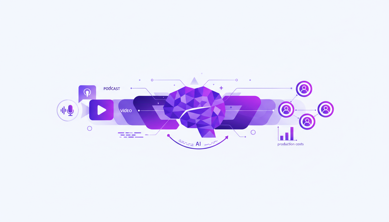 Illustration moderne de la fusion de contenu pour la publicité ciblée, utilisant des podcasts et vidéos, avec des formes géométriques indigo.