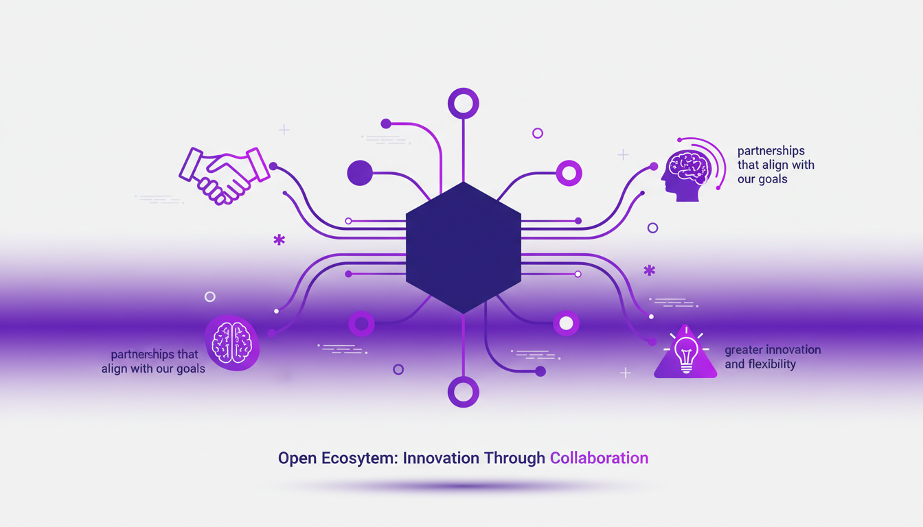 Illustration moderne représentant un écosystème ouvert: innovation et collaboration, avec des formes géométriques et des dégradés violets.