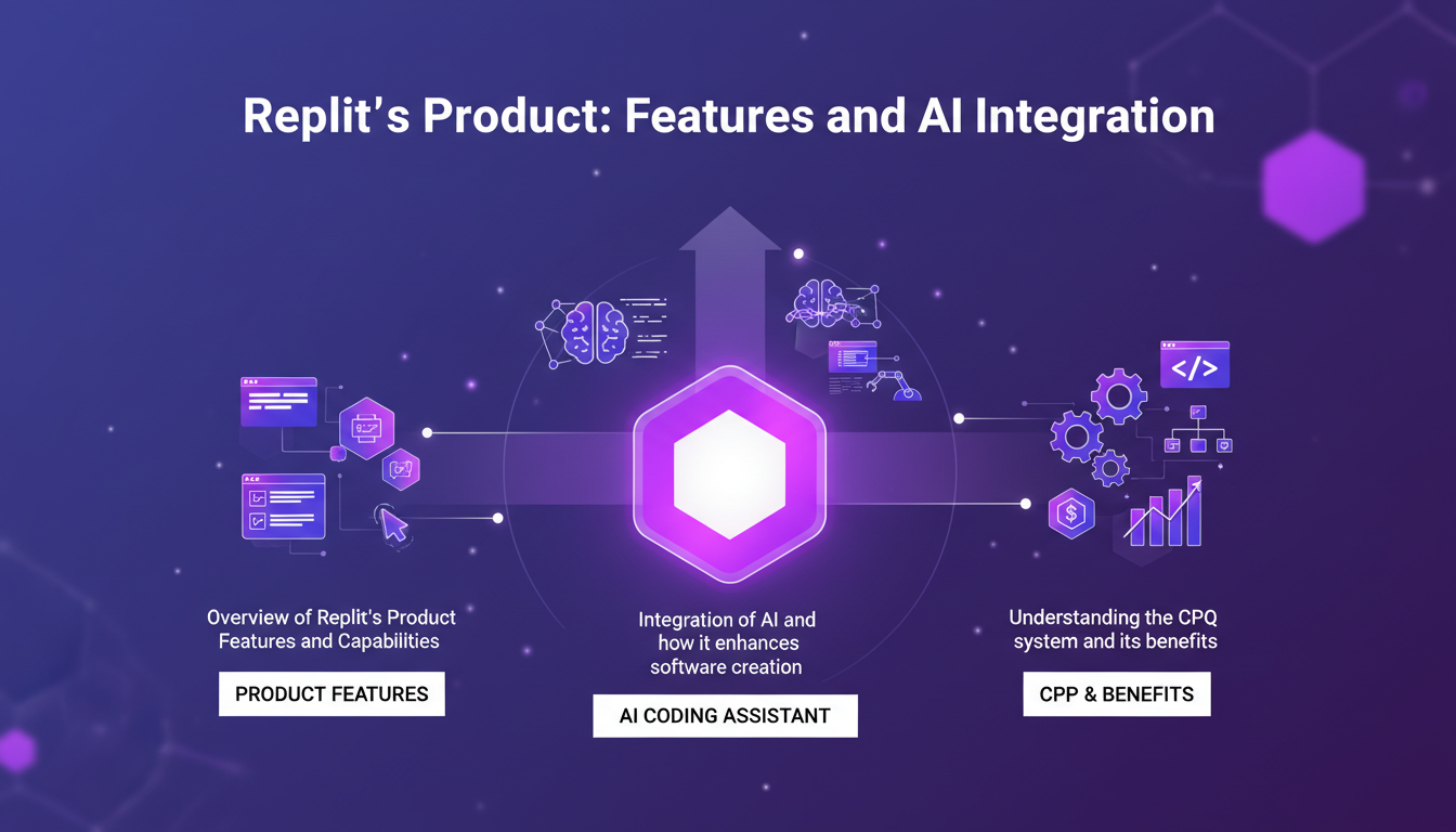 Modern illustration of Replit showcasing AI integration and features, with geometric shapes and violet gradients, highlighting CPQ benefits.