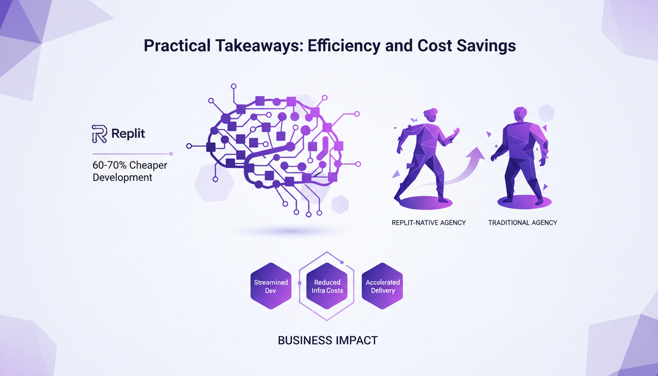 Modern illustration with geometric shapes and gradients, symbolizing efficiency and cost savings using Replit's innovative approach.