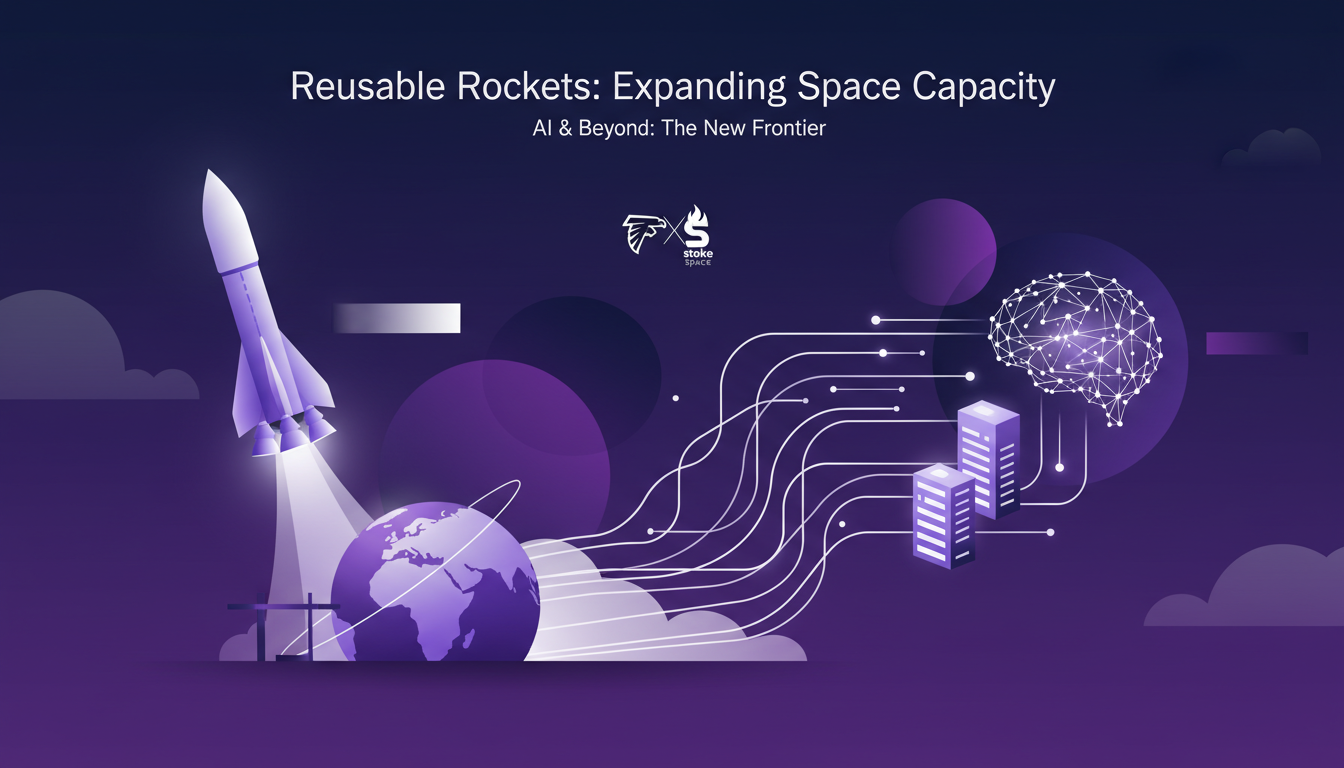 Modern illustration of reusable rockets revolutionizing space access, featuring SpaceX and Stoke Space, with a violet color palette.