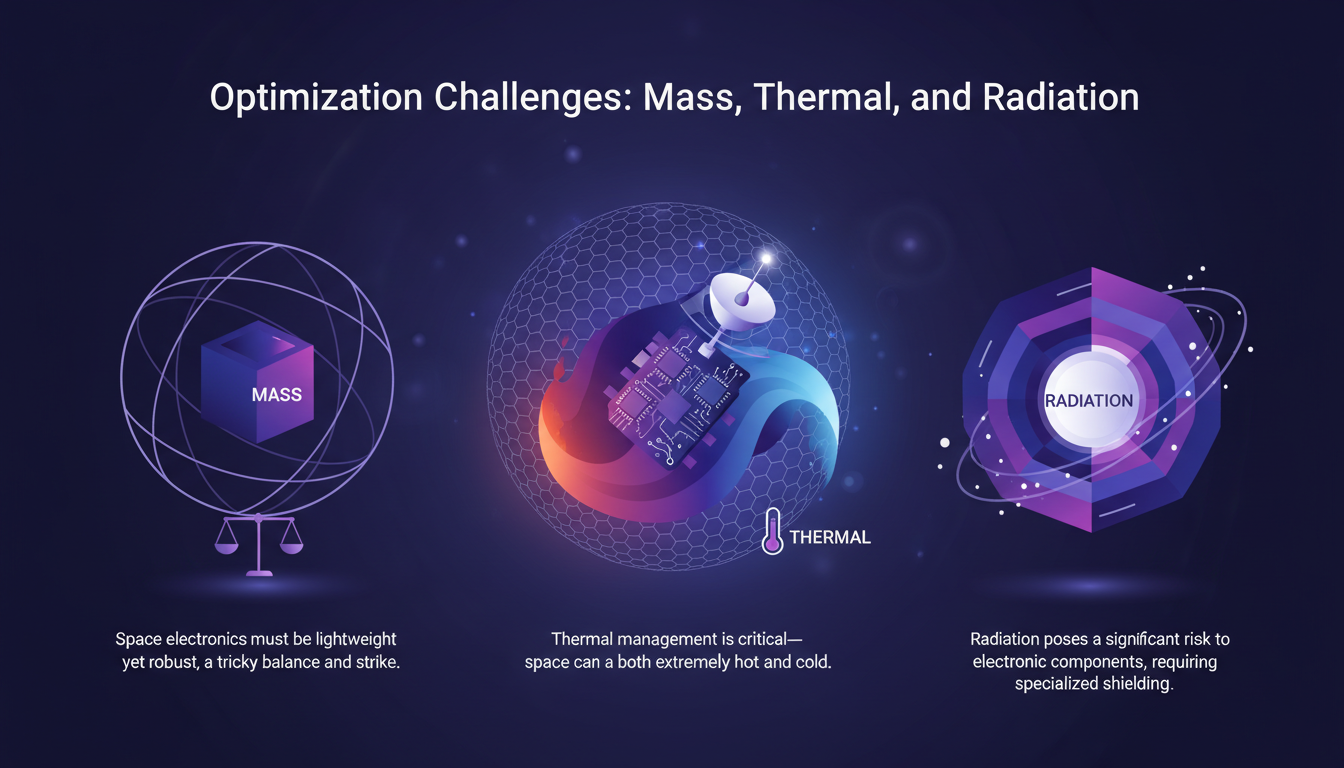 Modern illustration of optimization challenges in space electronics: mass, thermal management, radiation shielding.