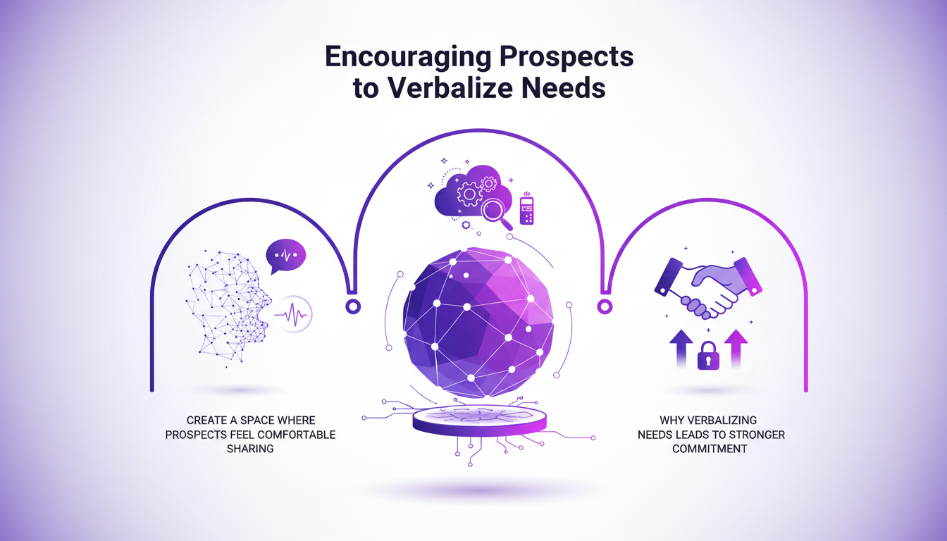 Illustration moderne et minimaliste montrant des prospects partageant leurs besoins, avec des formes géométriques et dégradés violets.