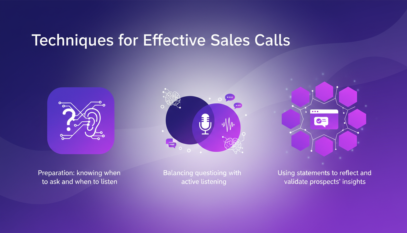 Illustration moderne sur les techniques d'appels de vente efficaces avec des formes géométriques et des dégradés indigo et violet.