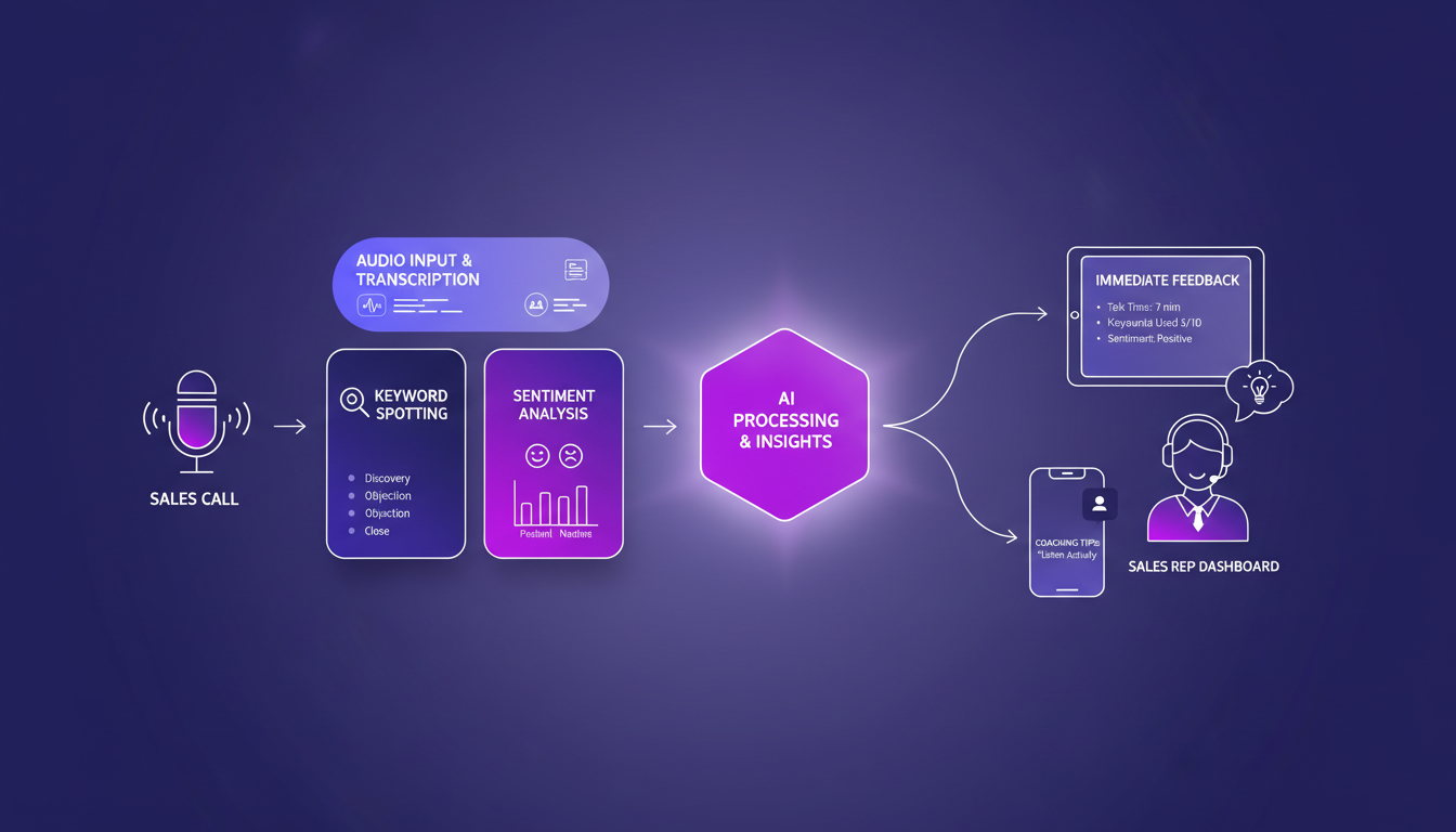 Modern illustration of call review tools showing step-by-step process, featuring keyword spotting, sentiment analysis, and immediate feedback.