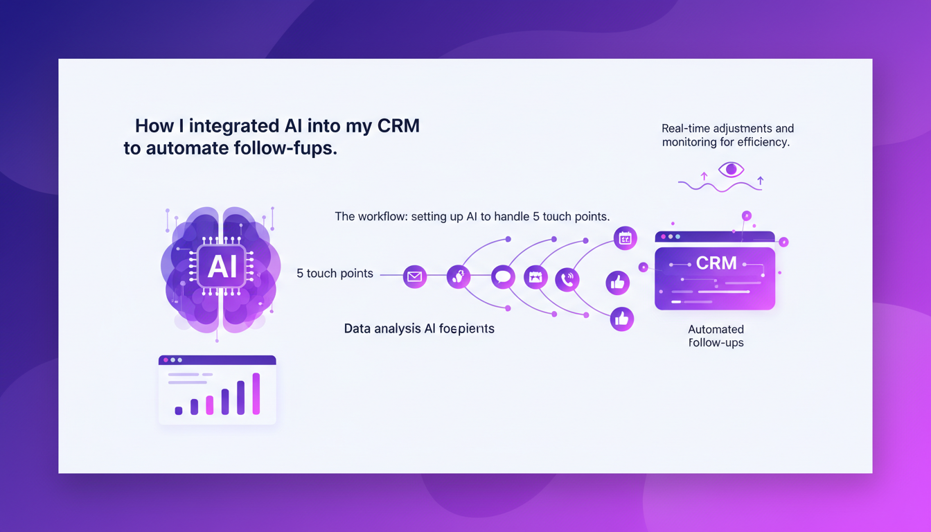 Illustration moderne sur l'intégration de l'IA dans le CRM pour automatiser les suivis de prospects, avec des formes géométriques et des dégradés indigo.