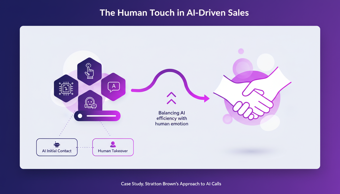 Illustration moderne montrant l'équilibre entre l'efficacité de l'IA et l'émotion humaine dans les ventes, avec des formes géométriques et des dégradés subtils.