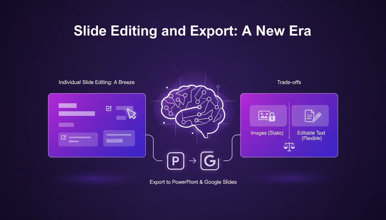 Illustration moderne de l'édition et exportation de diapositives, symbolisant une nouvelle ère avec options PowerPoint et Google Slides.