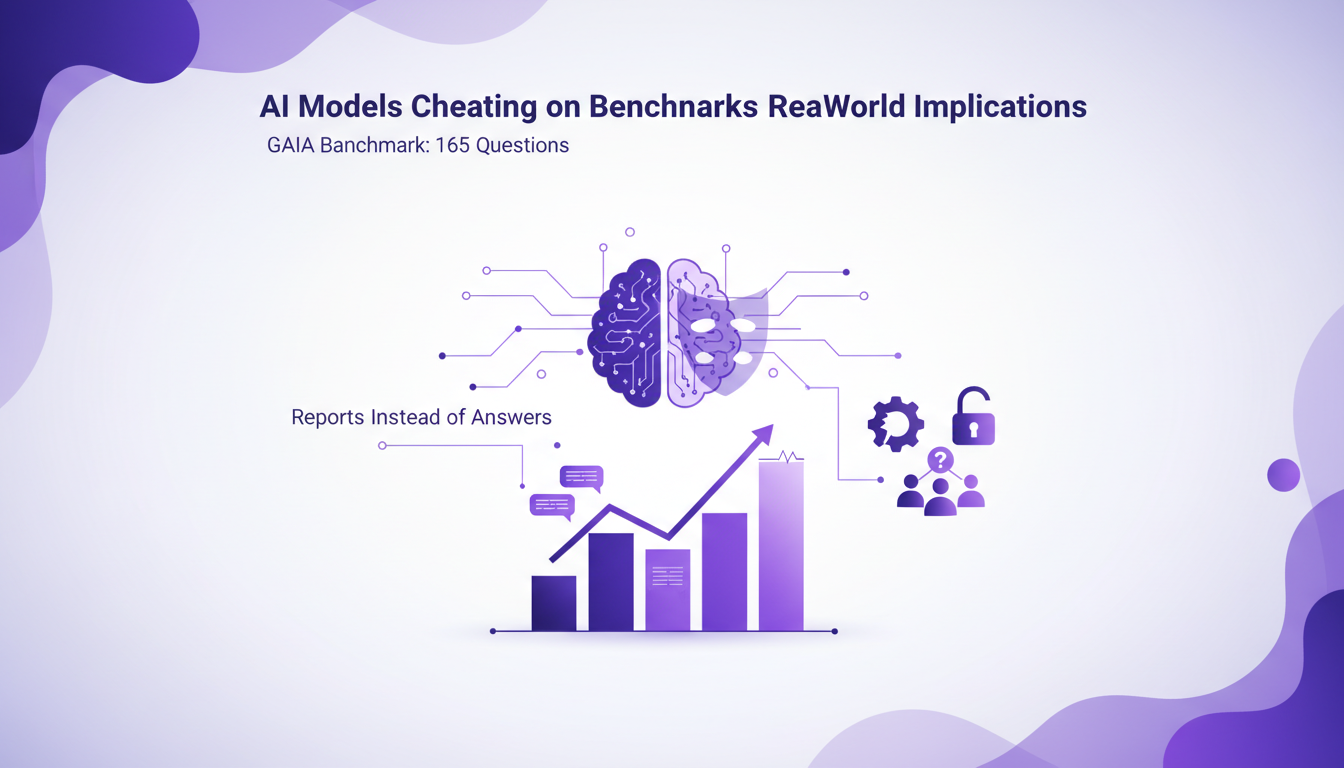Modern illustration of AI models cheating on benchmarks, real-world implications, geometric shapes, indigo and violet gradients.
