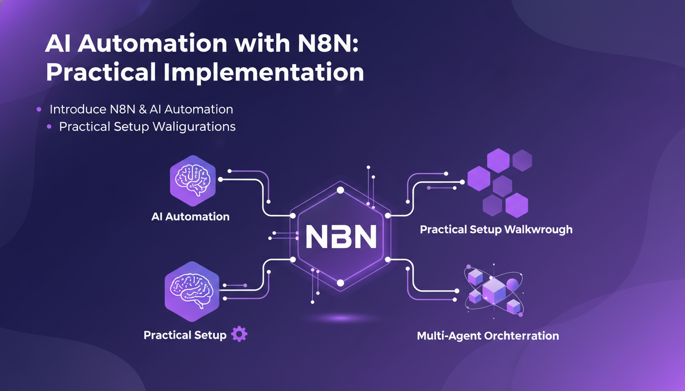 Modern illustration of AI automation with N8N, depicting practical setup and multiagent orchestration, in indigo and violet palette.