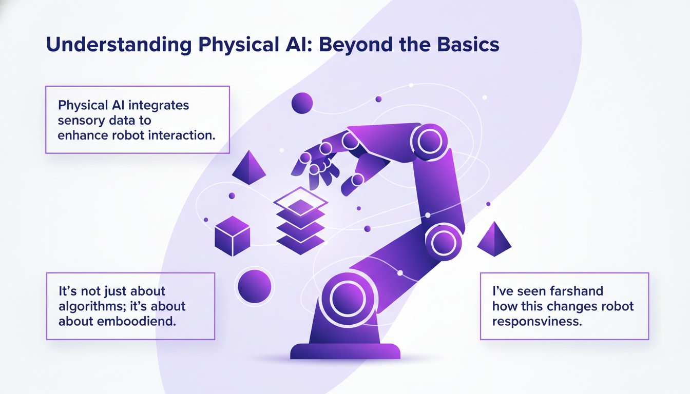 Modern illustration of Physical AI integrating sensory data to enhance robot interaction, featuring geometric shapes and gradient overlays.