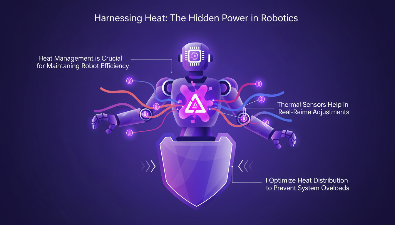 Modern illustration of heat management in robotics with thermal sensors, geometric shapes, and violet gradients.