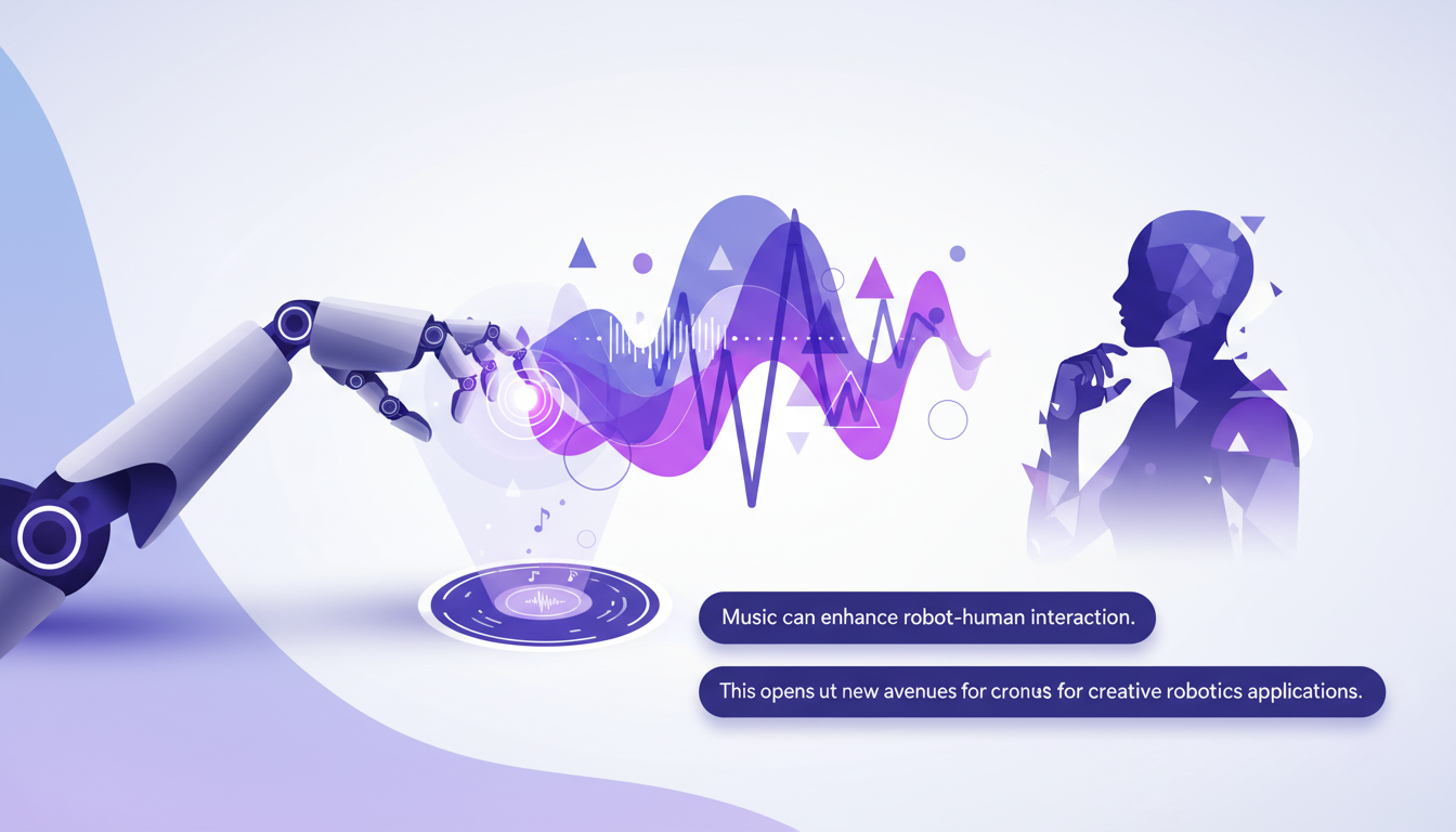 Modern illustration of creative engagement: music as a tool in robotics, featuring geometric shapes and indigo and violet colors.