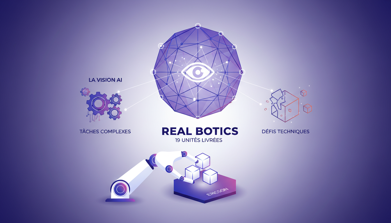 Illustration moderne de Real Botics livrant 19 unités à Ericson avec intégration de la vision AI, défis techniques et impact.
