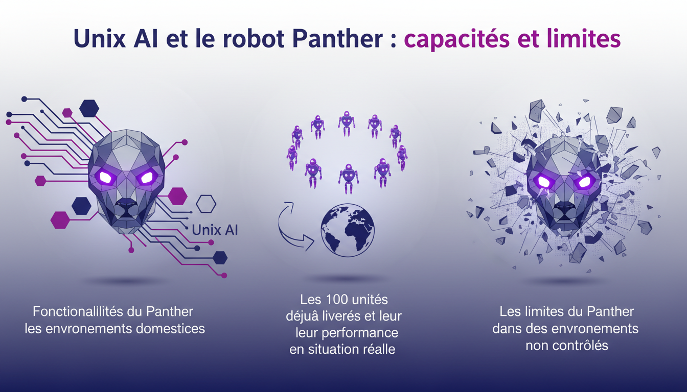 Illustration moderne et minimaliste du robot Panther et Unix AI, montrant fonctionnalités et limites dans les environnements domestiques.