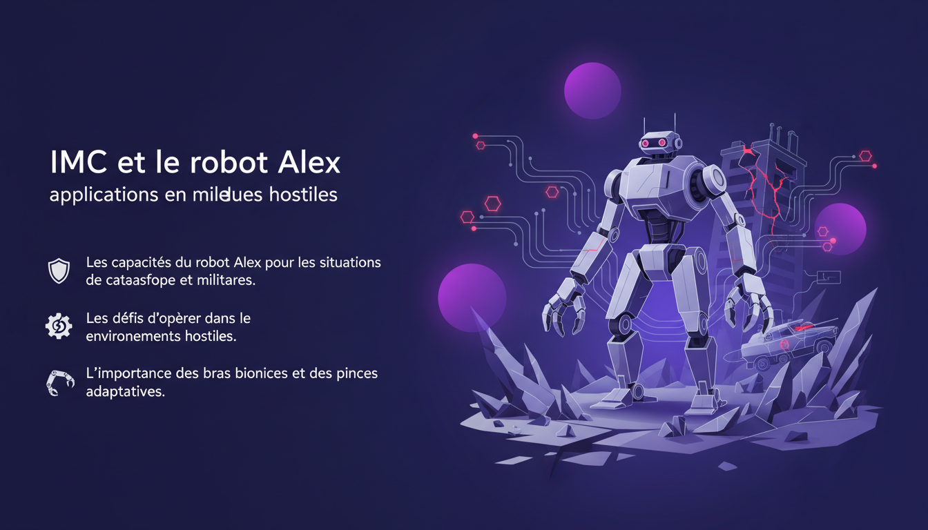 Illustration moderne du robot Alex en milieu hostile, mettant en avant ses bras bioniques et pinces adaptatives pour les situations de catastrophe.