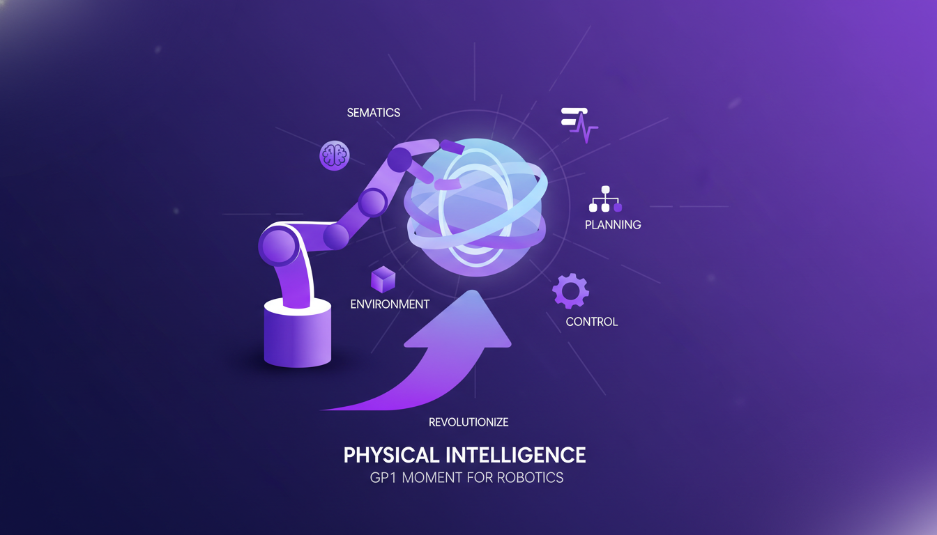 Illustration moderne de l'impact de l'intelligence physique sur la robotique, semblable à GPT1 pour l'IA, utilisant des formes géométriques.