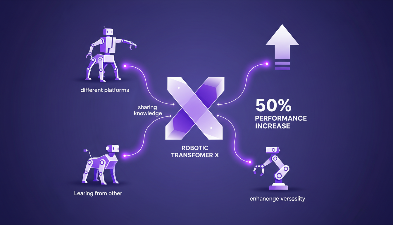 Illustration moderne de Cross Embodiment et Robotic Transformer X, montrant des robots partageant des connaissances, style minimaliste.