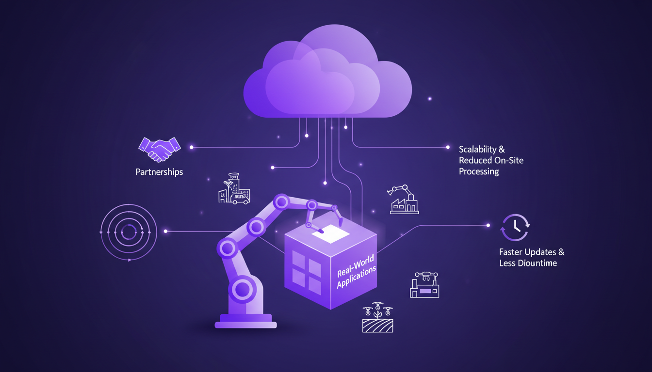 Illustration moderne de systèmes cloud et applications réelles, mettant en avant la scalabilité et la réduction du traitement sur site.