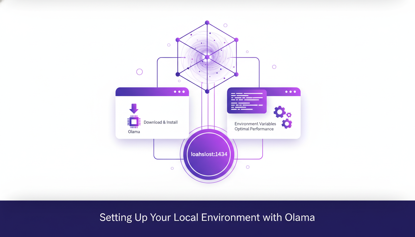 Modern illustration of setting up local environment with Olama, showcasing download, install, and environment variable configuration.
