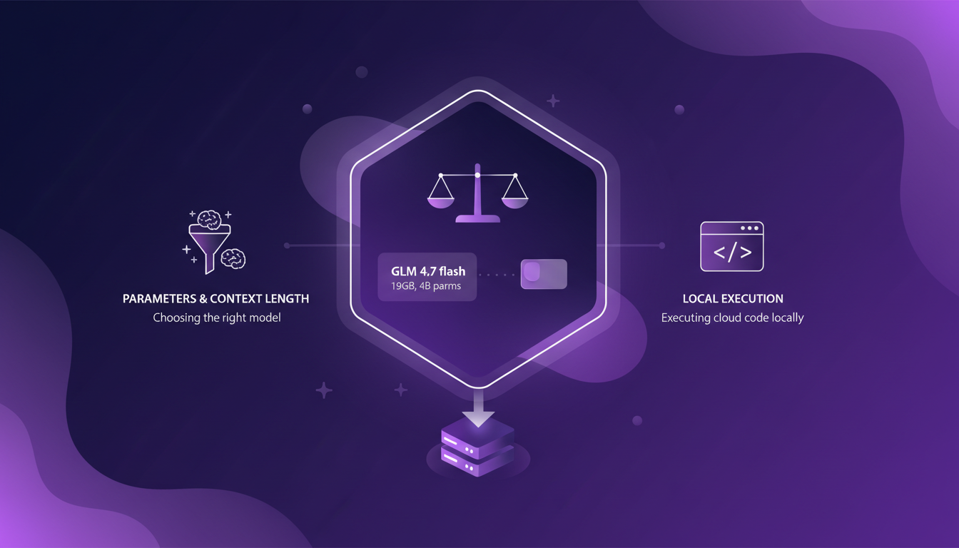 Modern illustration of selecting and running AI models locally, comparing GLM 4.7 models, executing cloud code commands locally.