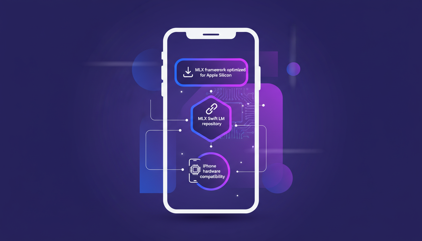 Modern illustration of an iPhone setting up Gemma 4 with MLX, featuring geometric shapes and violet gradients.