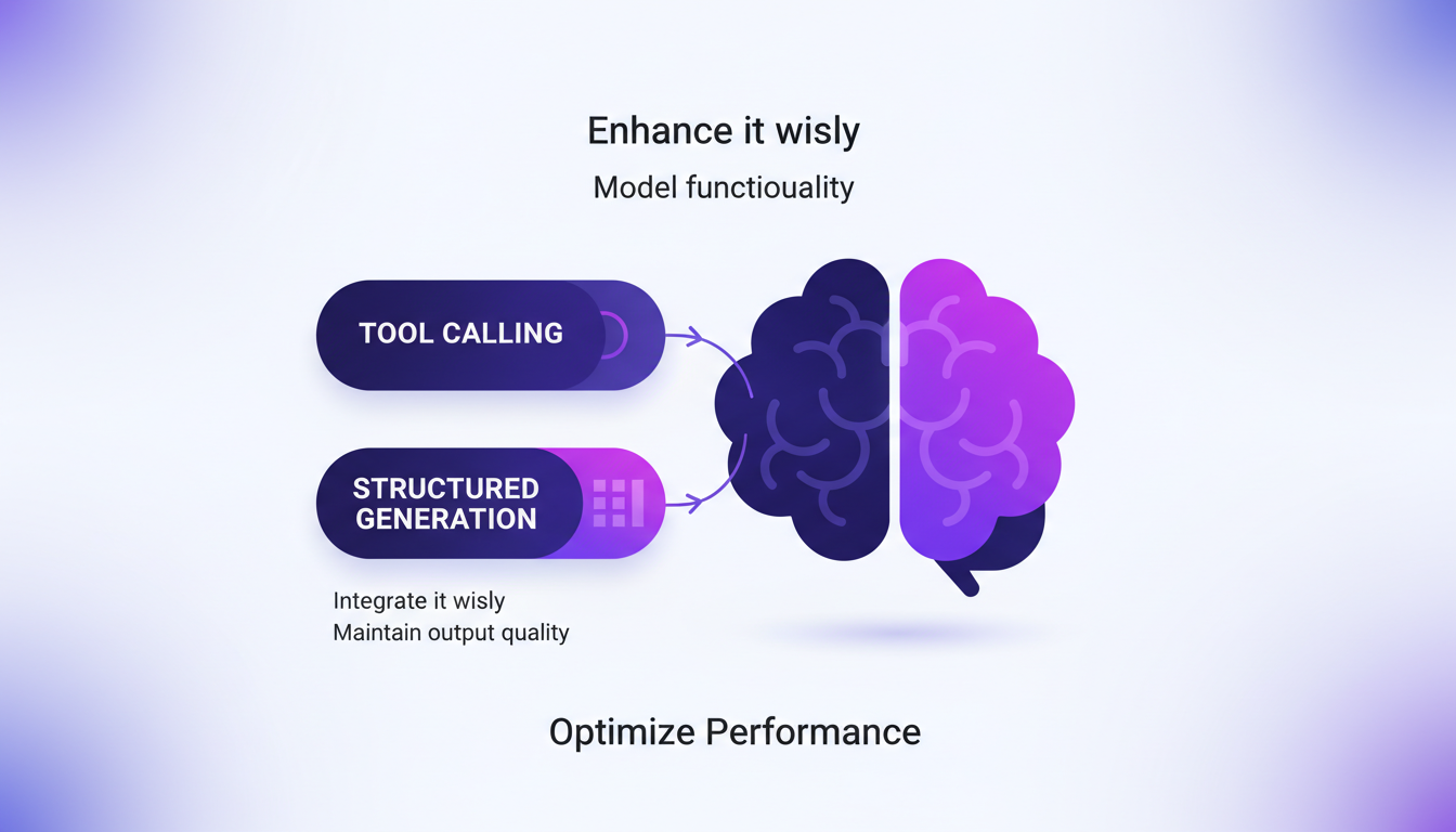 Modern minimalist illustration on tool calling and structured generation support in AI, featuring indigo and violet gradients.