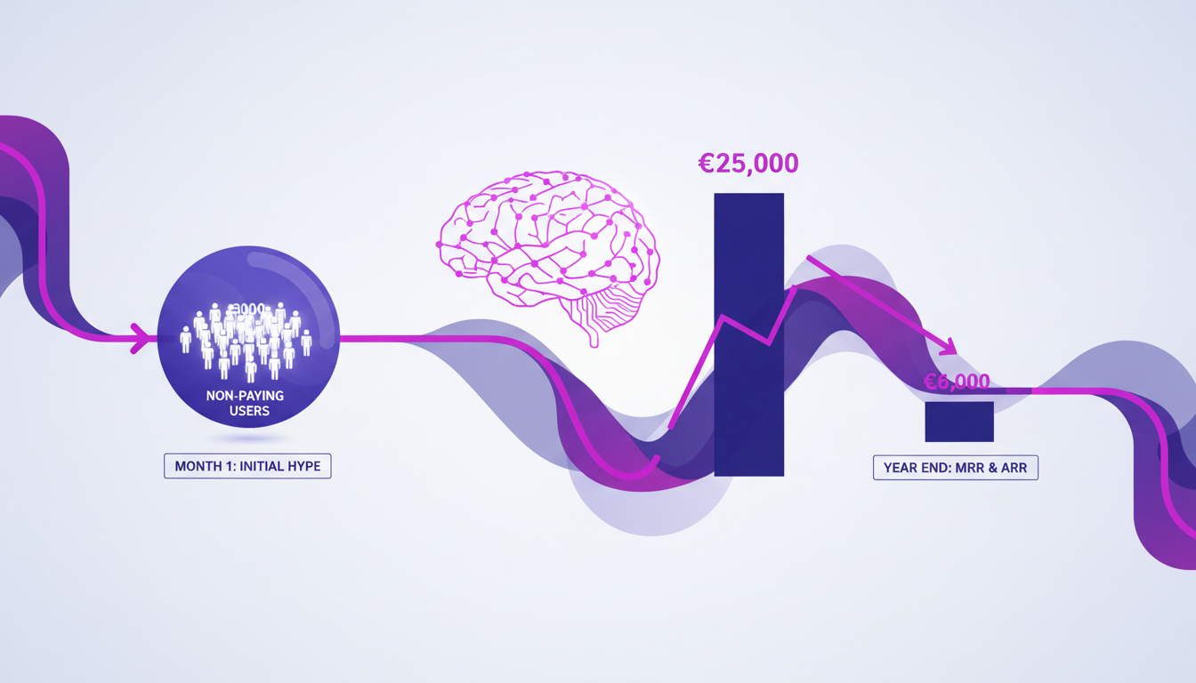 Modern illustration of SaaS growth with 3000 non-paying users, €25,000 initial revenue, and a year-end dip to €6,000.
