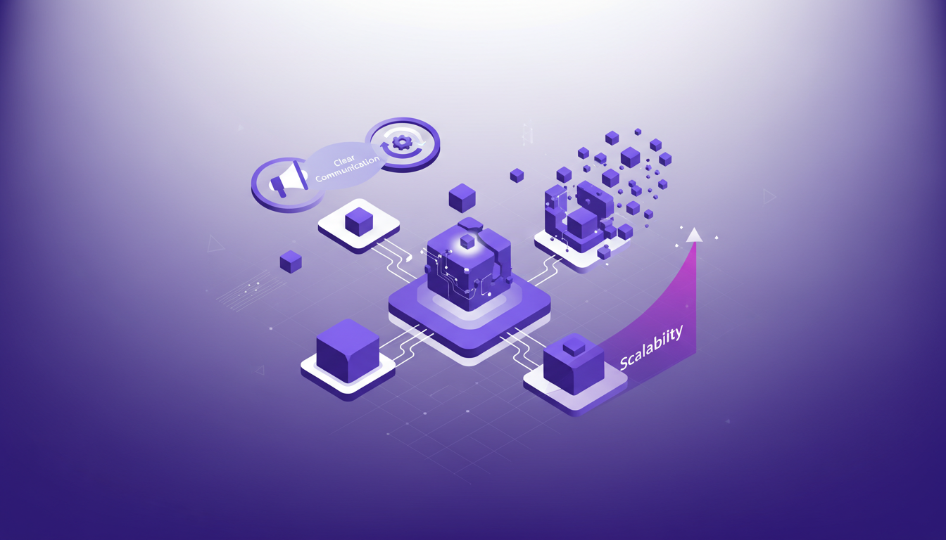 Modern illustration overcoming SaaS development challenges with team orchestration, scalability, and communication in indigo and violet minimalist style.