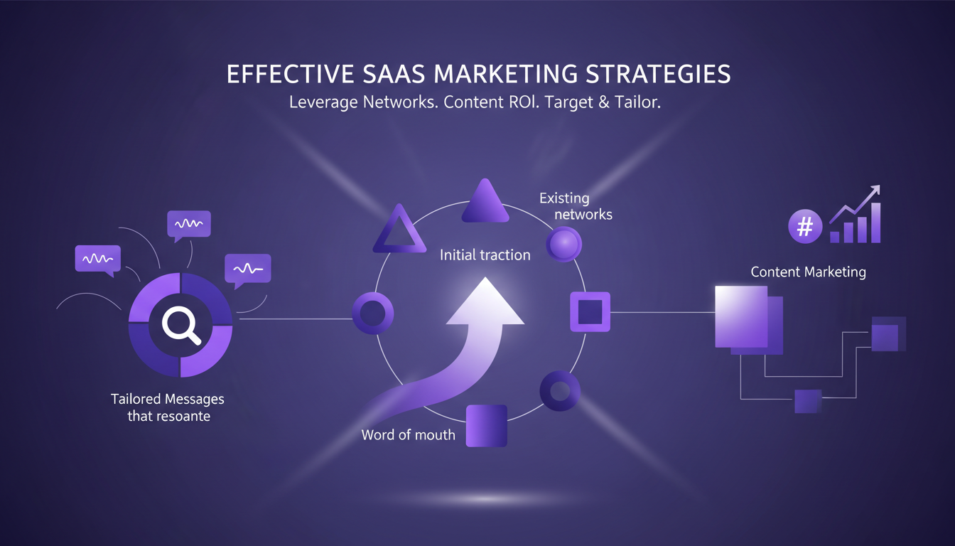 Modern illustration of effective SaaS marketing strategies, highlighting word of mouth and content marketing, featuring geometric shapes.