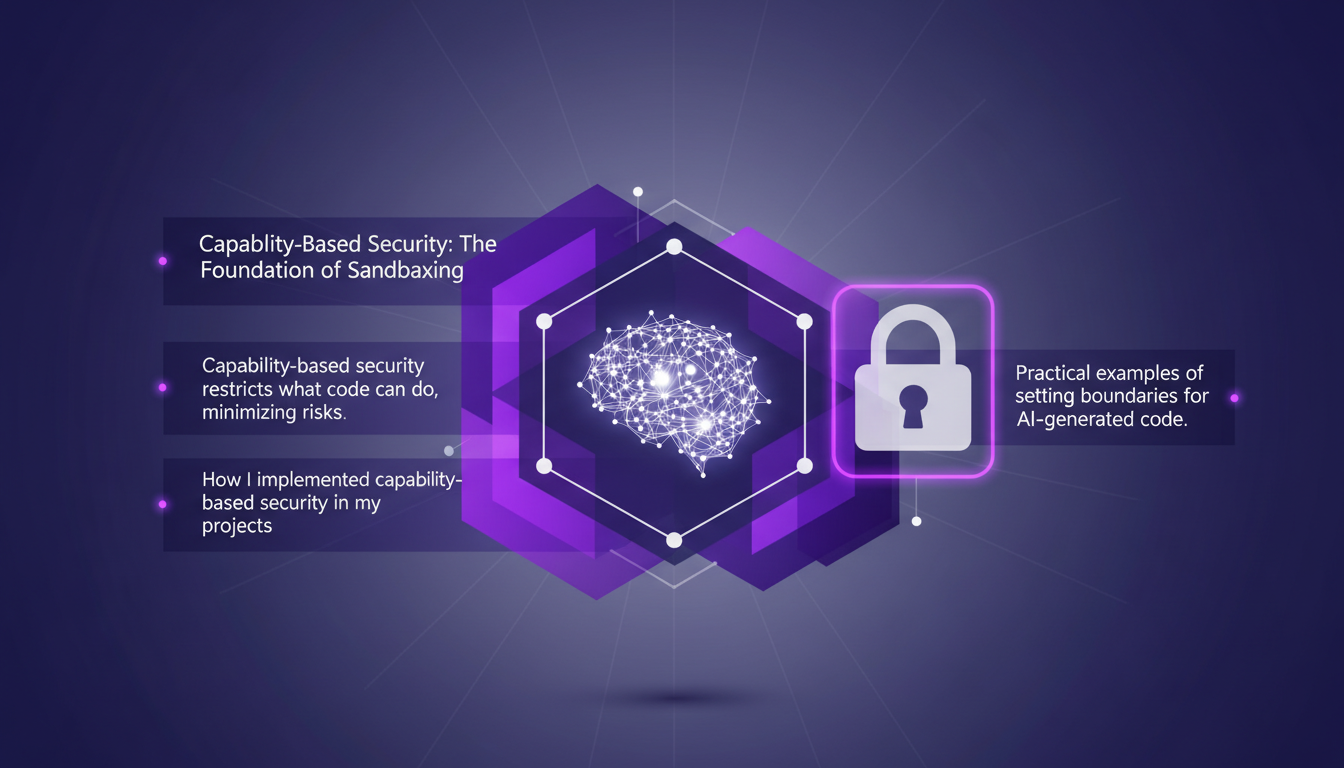 Modern illustration of capability-based security, foundation of sandboxing, featuring geometric shapes and indigo-violet gradients.