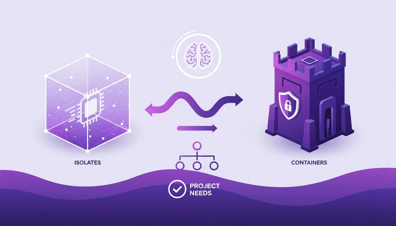 Modern illustration on isolates vs containers for sandboxing, featuring geometric shapes and indigo and violet gradients.