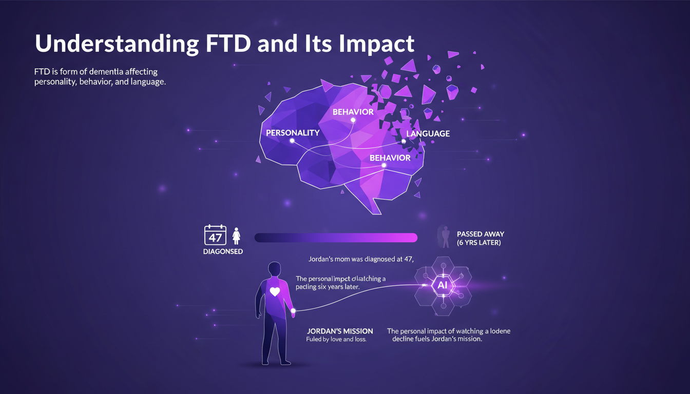 Illustration moderne et minimaliste sur la démence frontotemporale, impact personnel et mission de Jordan, couleurs indigo et violet.