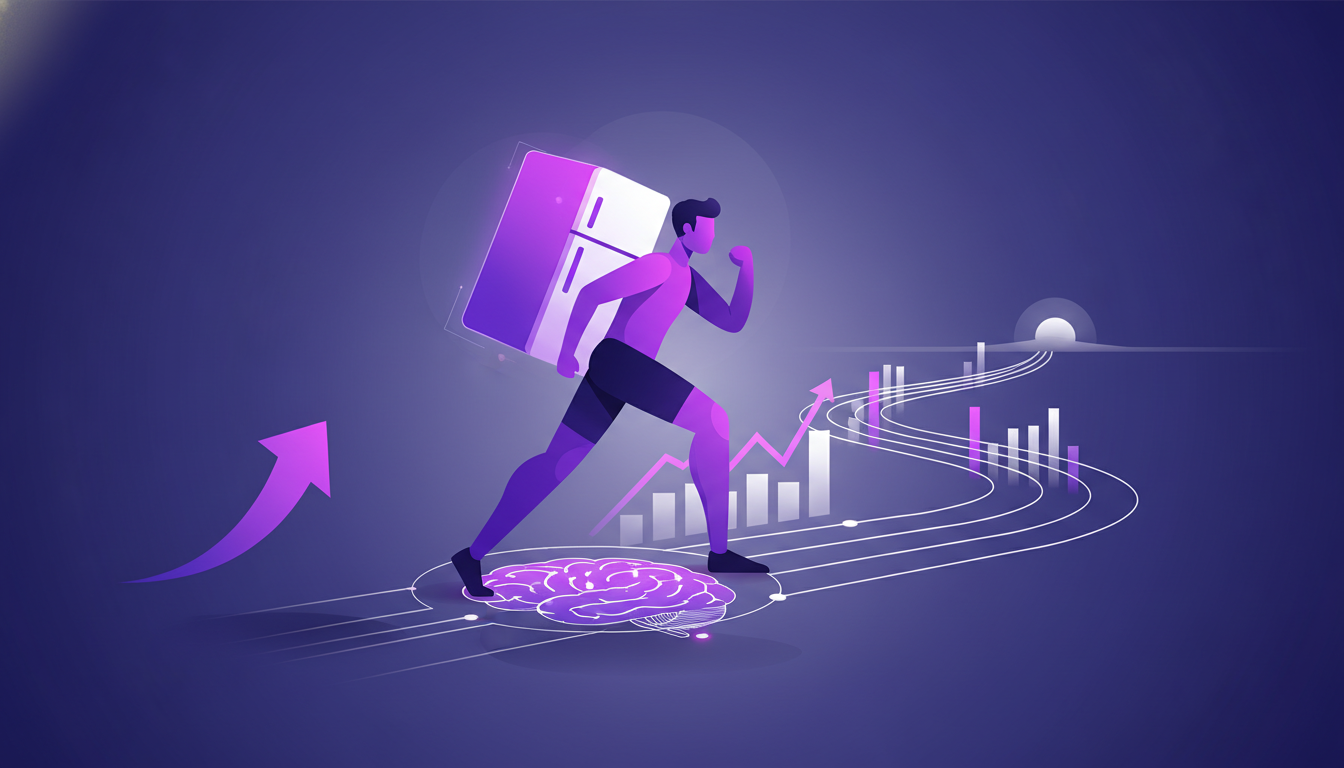Illustration moderne de marathonien portant un frigo, symbolisant l'endurance et la collecte de fonds, avec dégradés indigo et violet.