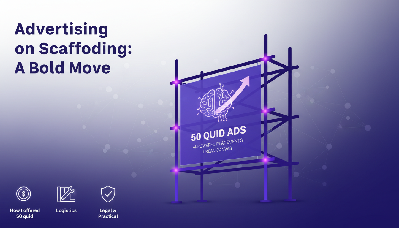 Illustration moderne de publicité sur échafaudage, montrant l'innovation et l'audace avec des dégradés indigo et violet.