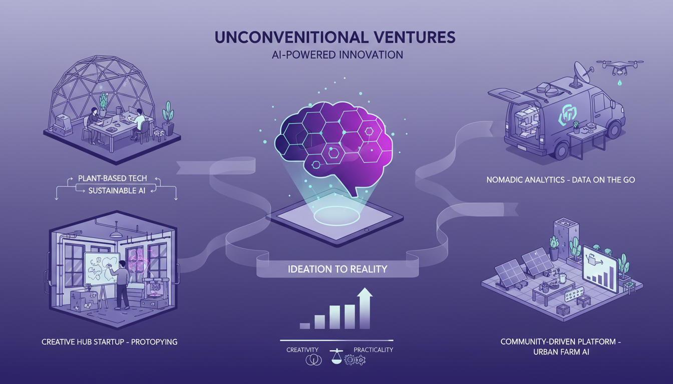 Illustration moderne de l'entrepreneuriat dans des espaces non conventionnels avec des formes géométriques et des dégradés indigo et violet.