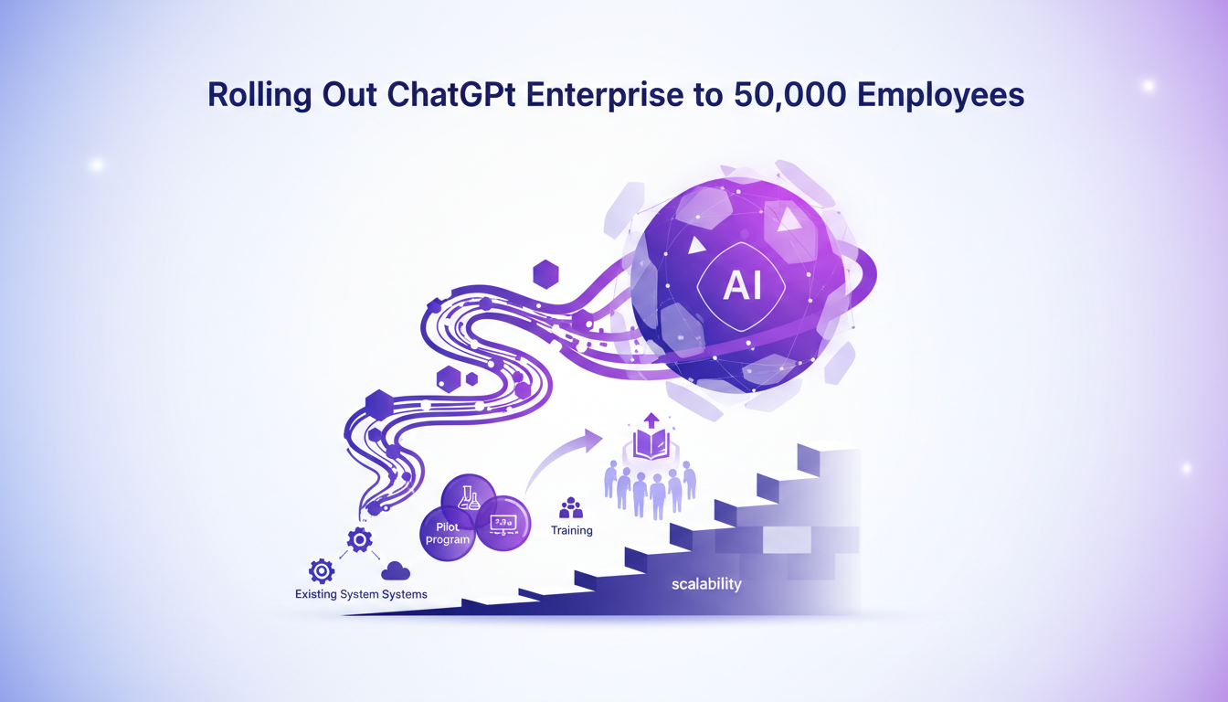 Modern, professional illustration of rolling out ChatGpt Enterprise to 50,000 employees, highlighting innovation and scalability.