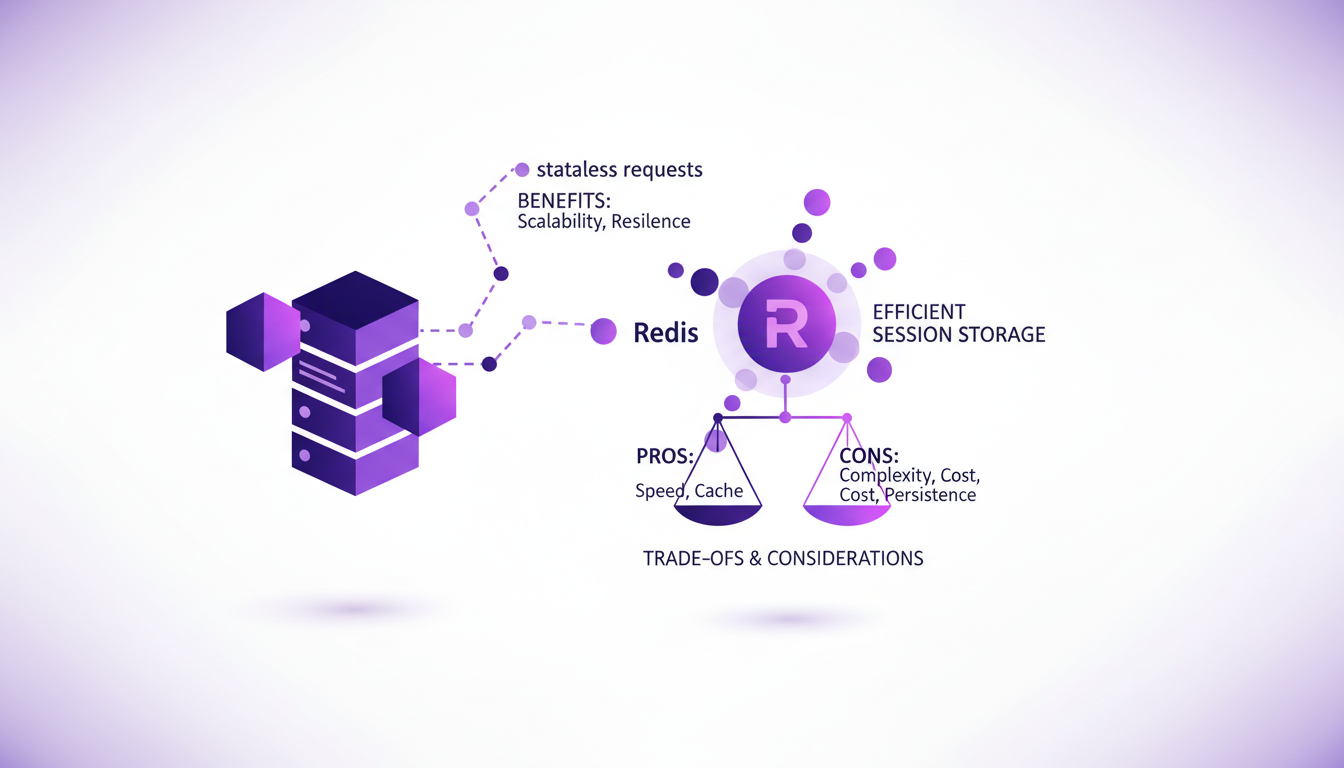 Modern illustration of stateless server setup and Redis usage, featuring geometric shapes and violet gradients for a tech blog.