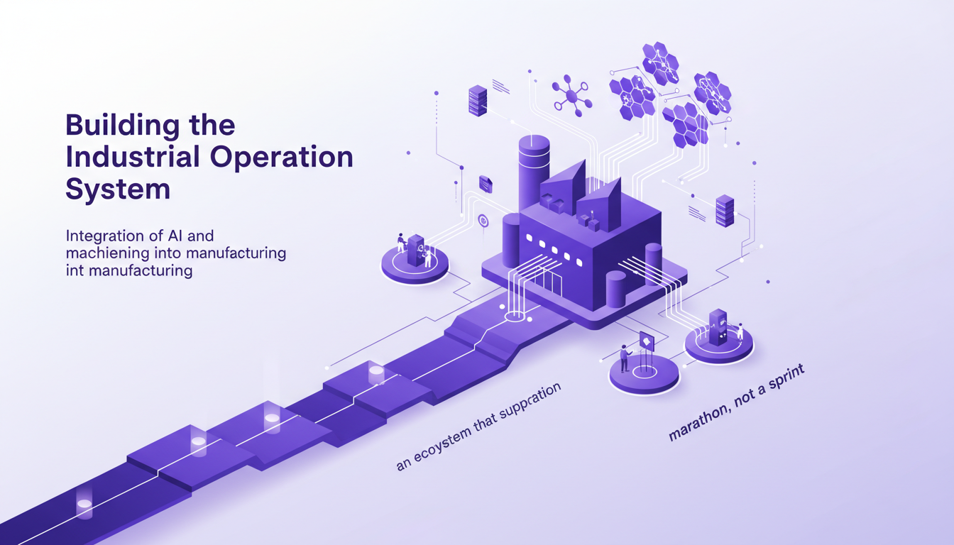 Modern illustration of the industrial operation system integrating AI and machine learning, featuring geometric shapes and violet gradients.