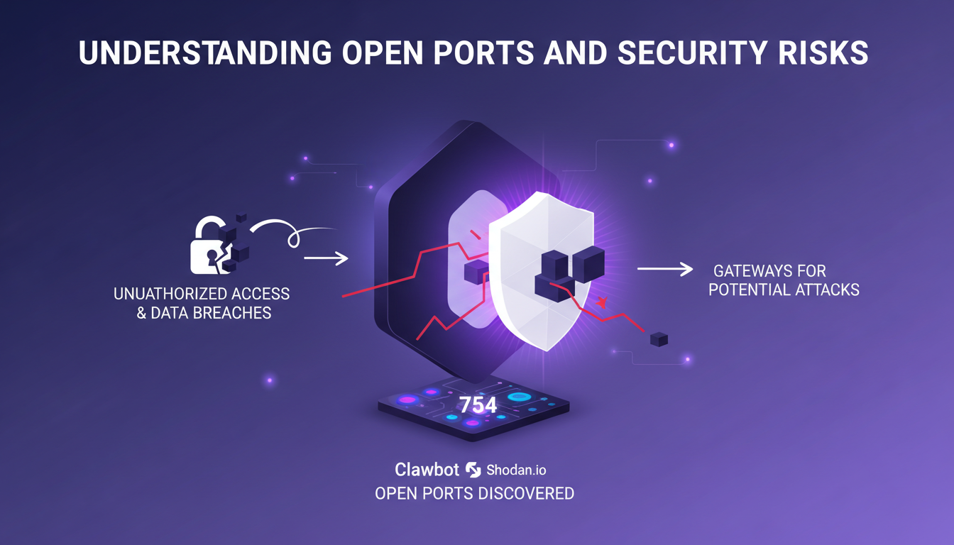 Modern illustration on open ports and security risks, highlighting dangers of unauthorized access and data breaches.