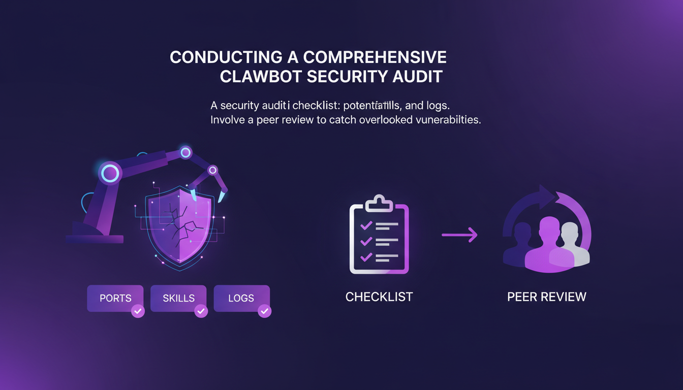 Modern illustration of Clawbot security audit, checking ports, skills, logs in indigo and violet tones, featuring geometric shapes.