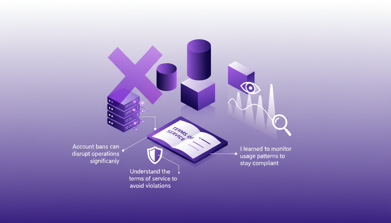 Modern illustration of handling Anthropic account bans and compliance, featuring geometric shapes and violet gradients for a tech blog.