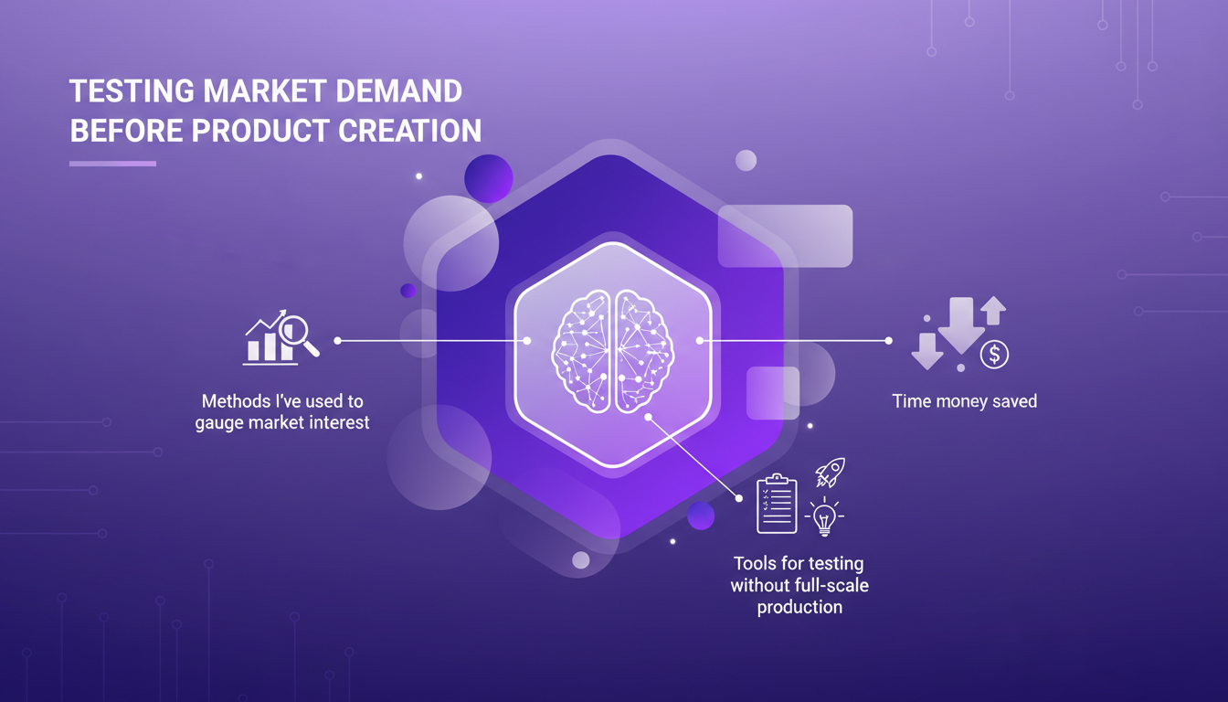 Illustration moderne testant la demande du marché avant la création de produit, avec des formes géométriques et dégradés en violet indigo.
