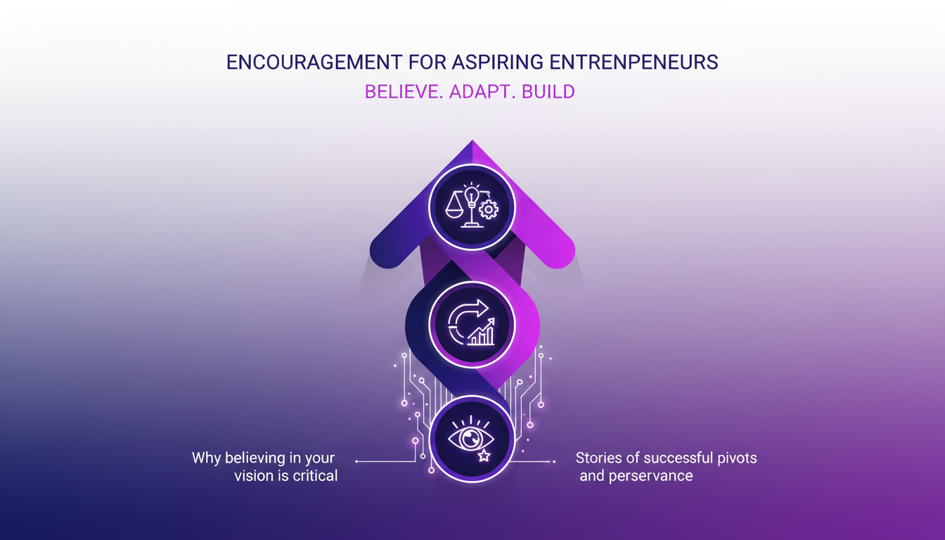Illustration moderne et minimaliste d'encouragement pour entrepreneurs, avec formes géométriques et dégradés violet, symbolisant l'innovation et la persévérance.