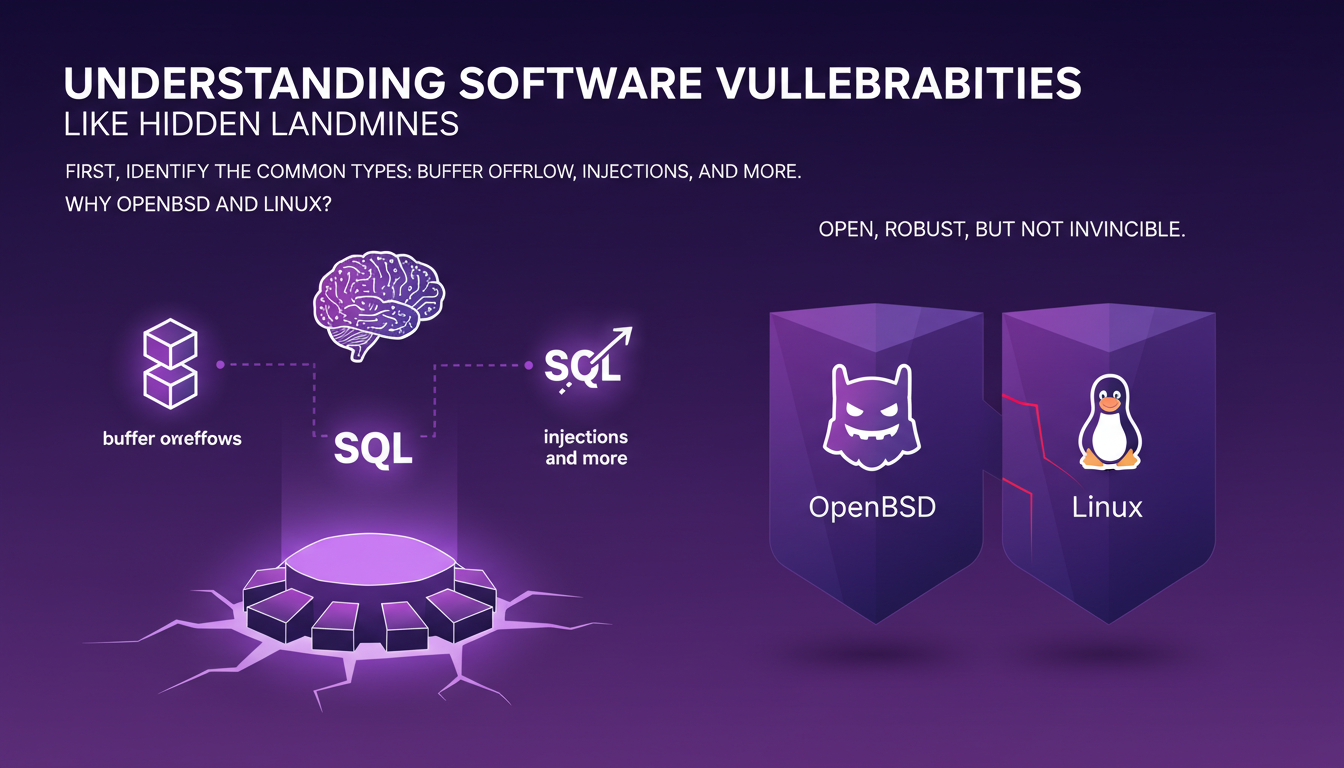 Modern illustration of software vulnerabilities with geometric shapes and indigo, violet gradients. Concept: flaws as hidden landmines.