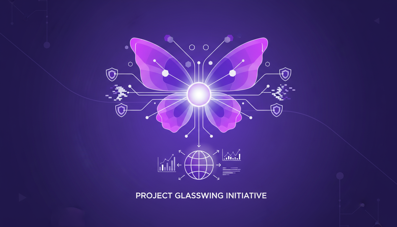 Modern illustration of Project Glasswing, highlighting real-world impact with geometric shapes and indigo-violet gradients.