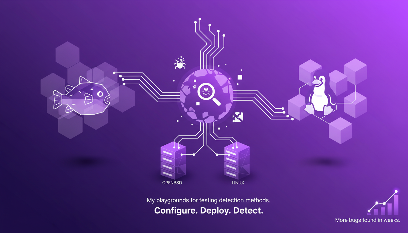 Modern illustration of vulnerability detection in OpenBSD and Linux, featuring geometric shapes and indigo-violet gradients.
