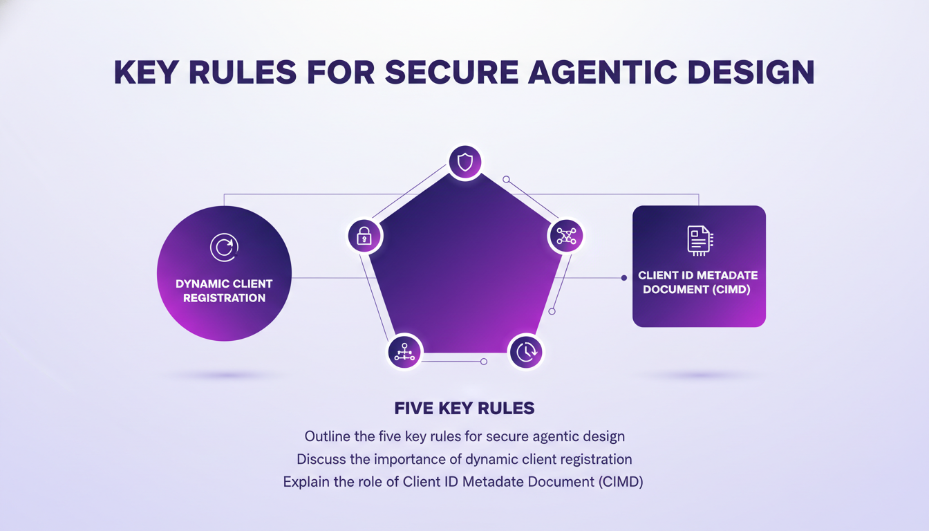 Modern illustration of key rules for secure agentic design, featuring geometric shapes and violet-indigo gradients.