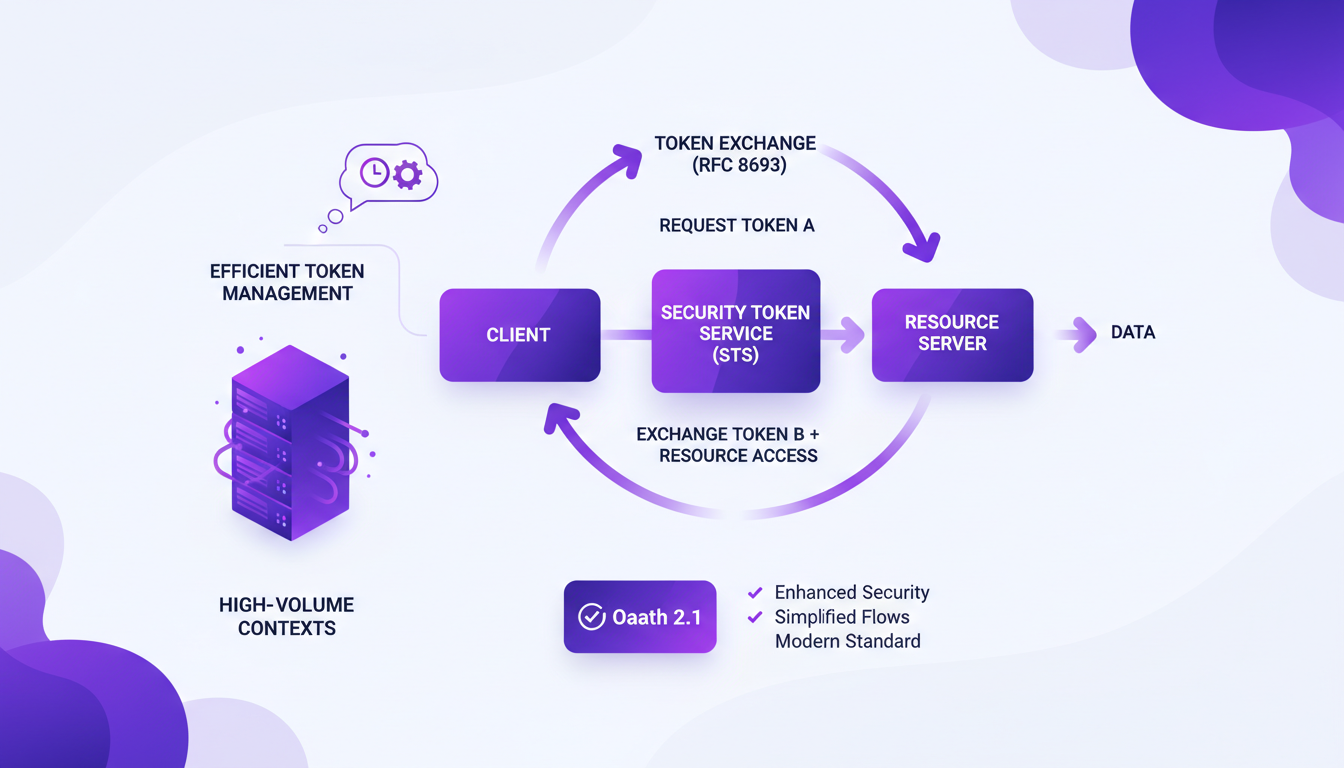 Modern illustration of token management and OAuth 2.1, explaining token exchange flow and benefits, featuring geometric shapes and gradients.